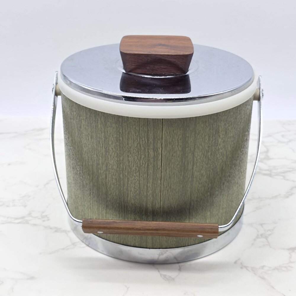 Vintage Kromex Ice Bucket Green Woodgrain Chrome Lid Mid Century Barware USA - Picture 8 of 11